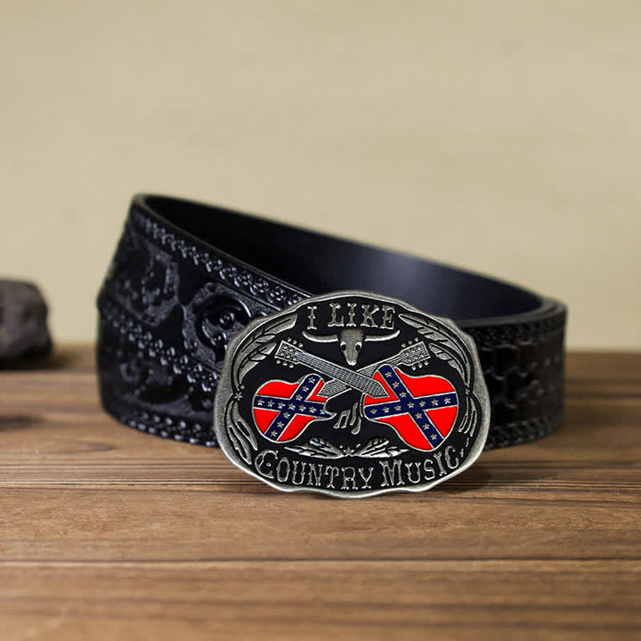 Cinturón de cuero con hebilla de toro para hombre, hecho a mano, con diseño de guitarra country