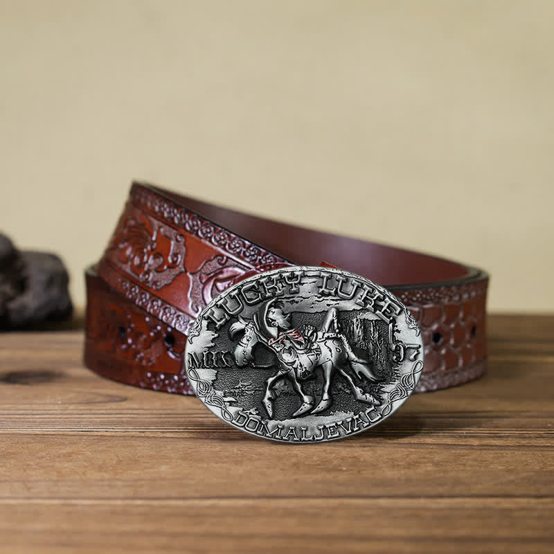 Cinturón de cuero con hebilla de burro montado de Lucky Luke para hombre hecho a mano