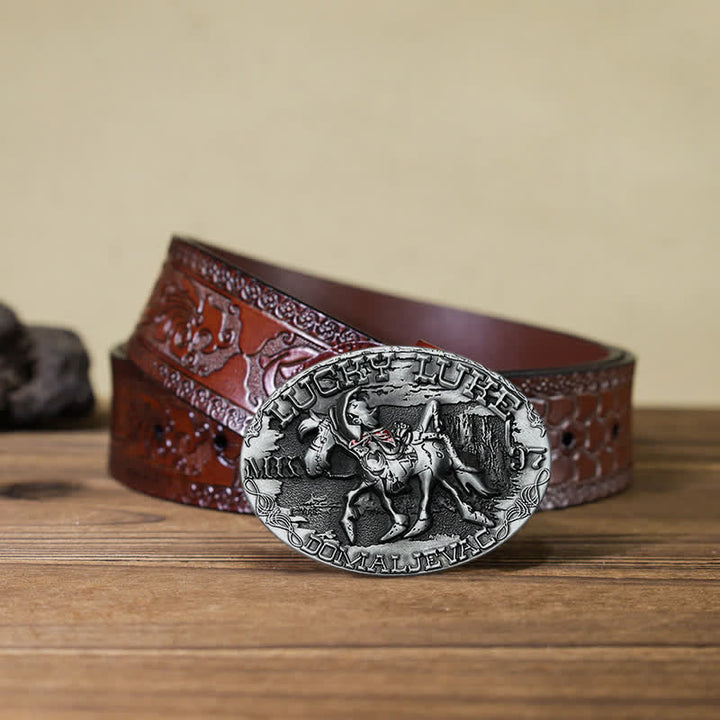 Cinturón de cuero con hebilla de burro montado de Lucky Luke para hombre hecho a mano