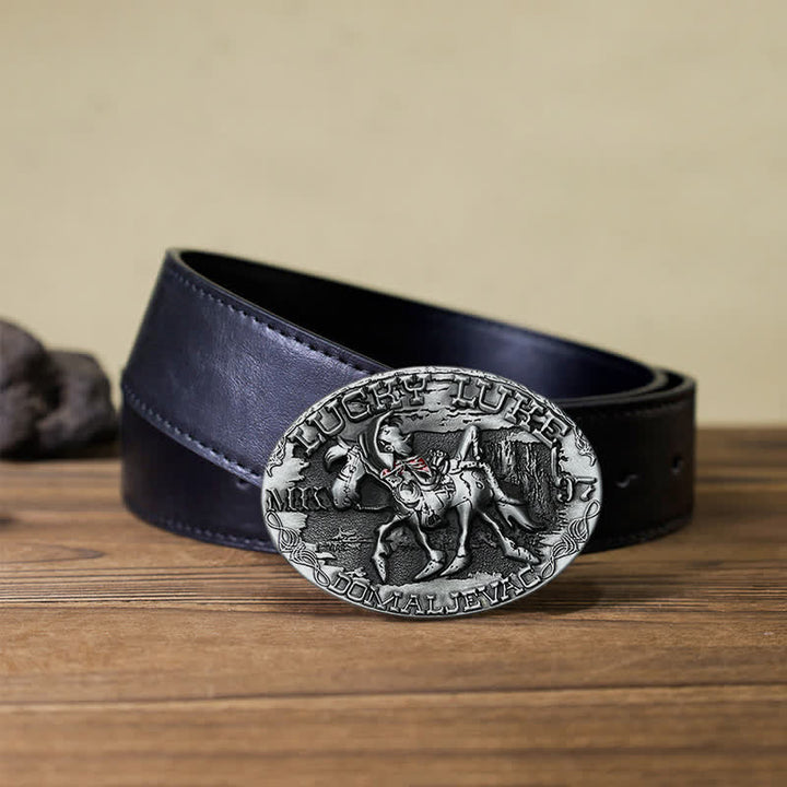 Cinturón de cuero con hebilla de burro montado de Lucky Luke para hombre hecho a mano