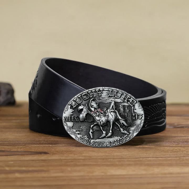 Cinturón de cuero con hebilla de burro montado de Lucky Luke para hombre hecho a mano