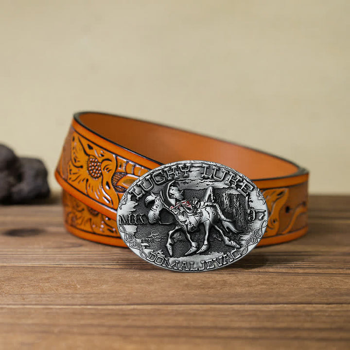 Cinturón de cuero con hebilla de burro montado de Lucky Luke para hombre hecho a mano
