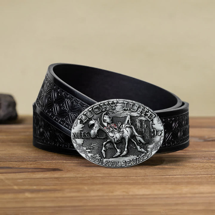 Cinturón de cuero con hebilla de burro montado de Lucky Luke para hombre hecho a mano