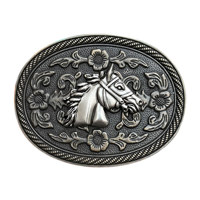 Cinturón de cuero con hebilla floral de caballo occidental para hombre, hecho a mano
