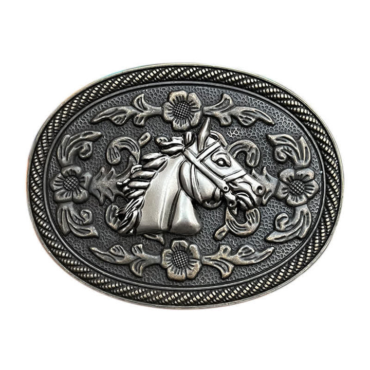 Cinturón de cuero con hebilla floral de caballo occidental para hombre, hecho a mano