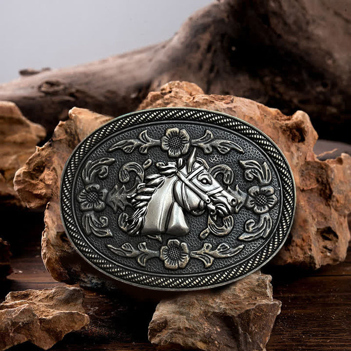 Cinturón de cuero con hebilla floral de caballo occidental para hombre, hecho a mano
