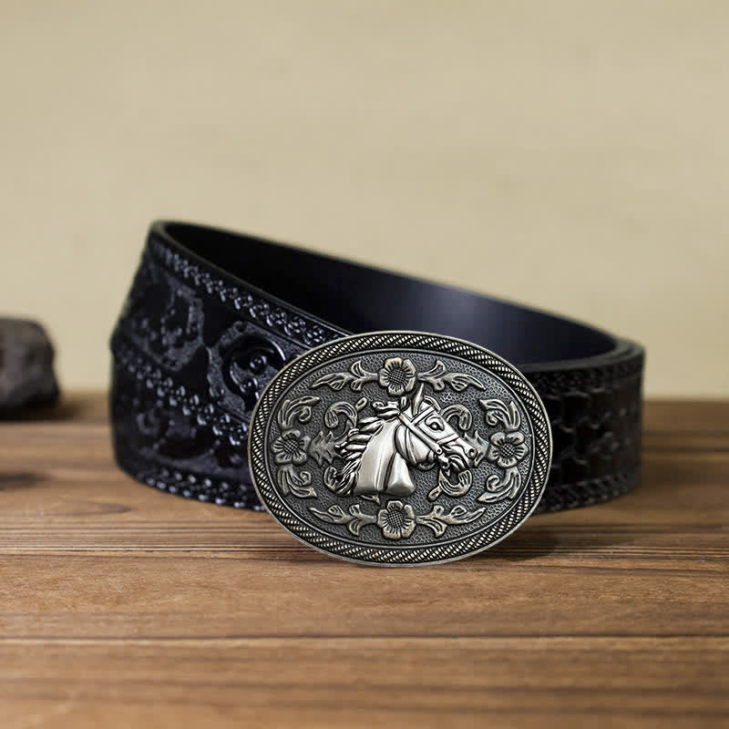 Cinturón de cuero con hebilla floral de caballo occidental para hombre, hecho a mano