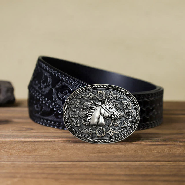 Cinturón de cuero con hebilla floral de caballo occidental para hombre, hecho a mano