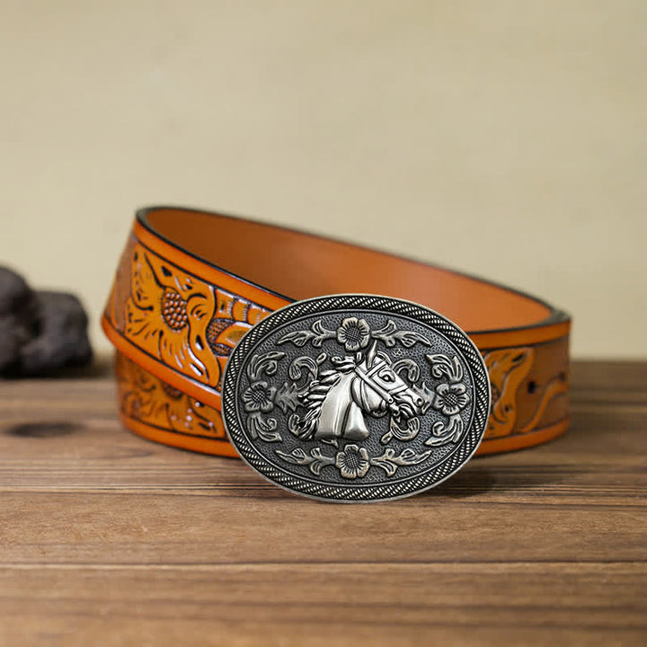 Cinturón de cuero con hebilla floral de caballo occidental para hombre, hecho a mano
