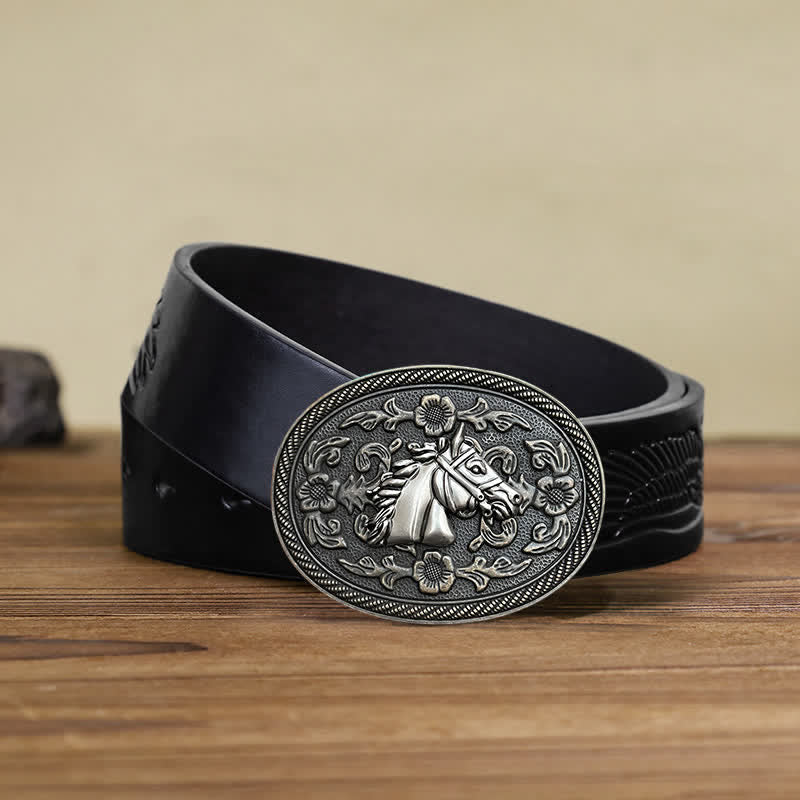 Cinturón de cuero con hebilla floral de caballo occidental para hombre, hecho a mano