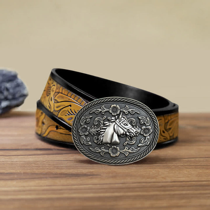 Cinturón de cuero con hebilla floral de caballo occidental para hombre, hecho a mano