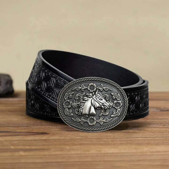 Cinturón de cuero con hebilla floral de caballo occidental para hombre, hecho a mano