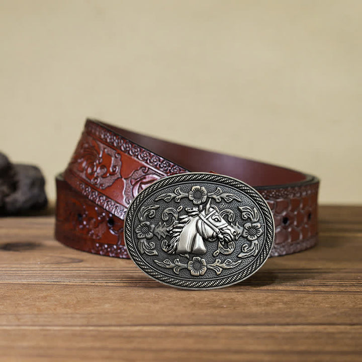 Cinturón de cuero con hebilla floral de caballo occidental para hombre, hecho a mano