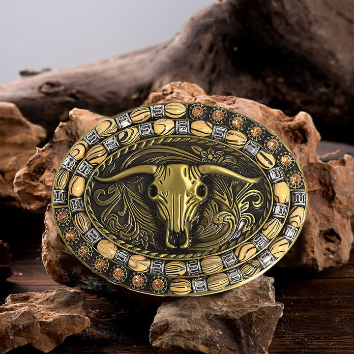 Cinturón de cuero con hebilla decorativa con cuentas de cabeza de toro dorada para hombre