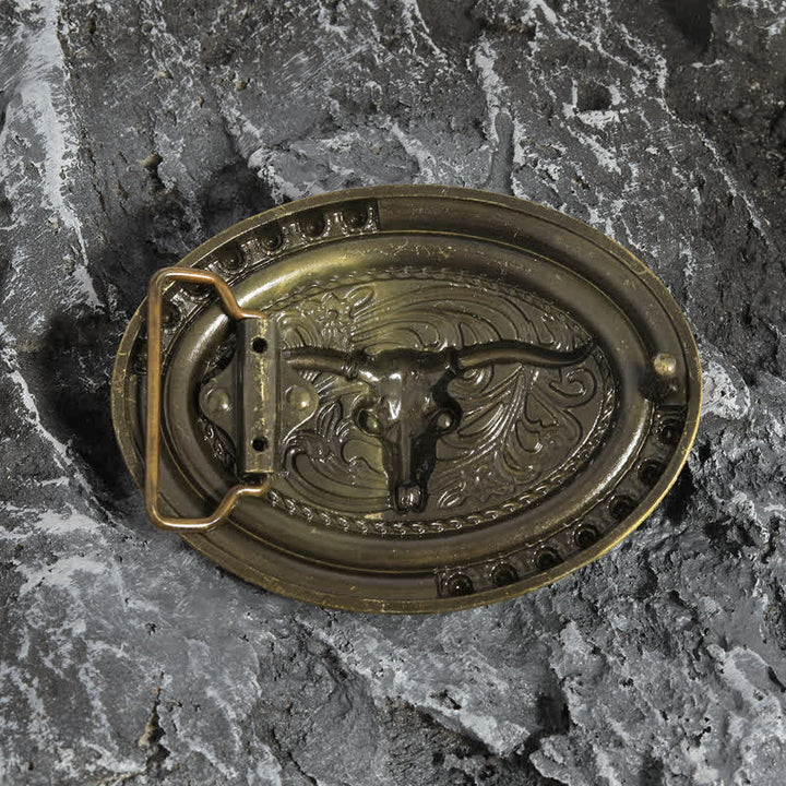Cinturón de cuero con hebilla decorativa con cuentas de cabeza de toro dorada para hombre