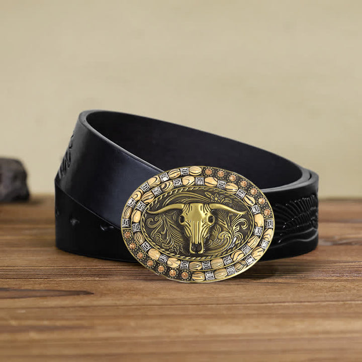 Cinturón de cuero con hebilla decorativa con cuentas de cabeza de toro dorada para hombre