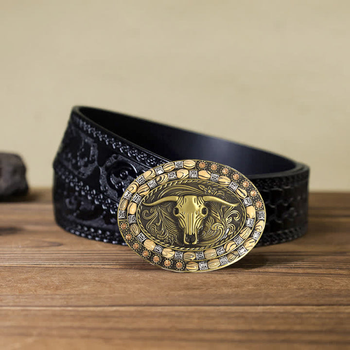 Cinturón de cuero con hebilla decorativa con cuentas de cabeza de toro dorada para hombre