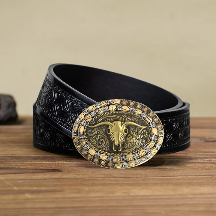 Cinturón de cuero con hebilla decorativa con cuentas de cabeza de toro dorada para hombre