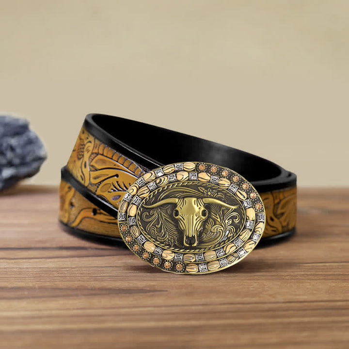 Cinturón de cuero con hebilla decorativa con cuentas de cabeza de toro dorada para hombre