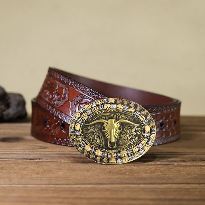 Cinturón de cuero con hebilla decorativa con cuentas de cabeza de toro dorada para hombre
