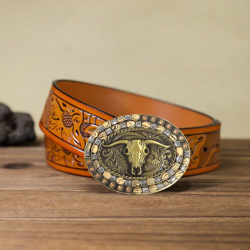 Cinturón de cuero con hebilla decorativa con cuentas de cabeza de toro dorada para hombre