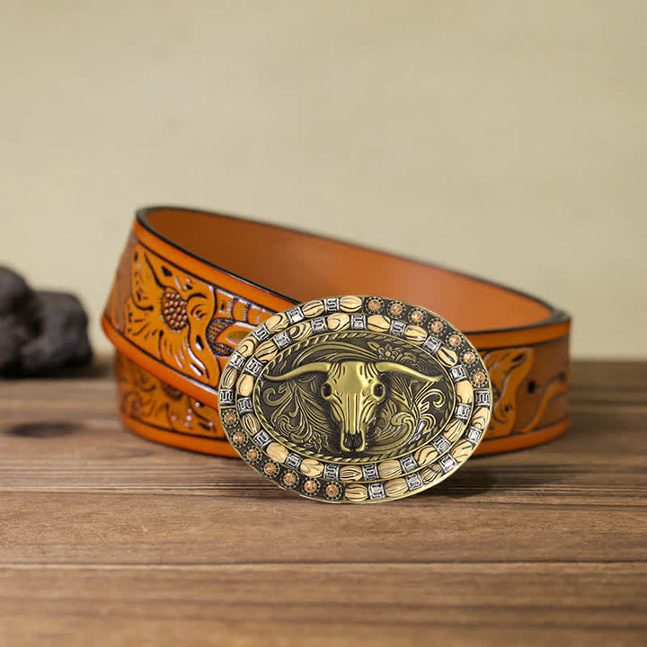 Cinturón de cuero con hebilla decorativa con cuentas de cabeza de toro dorada para hombre