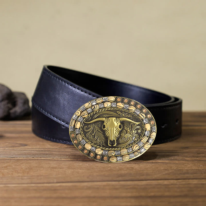 Cinturón de cuero con hebilla decorativa con cuentas de cabeza de toro dorada para hombre