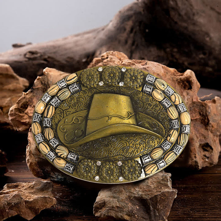 Cinturón de cuero con hebilla decorativa de cuentas de sombrero de vaquero dorado para hombre