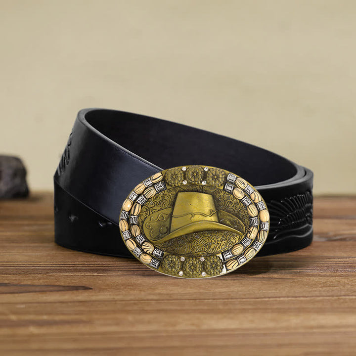 Cinturón de cuero con hebilla decorativa de cuentas de sombrero de vaquero dorado para hombre