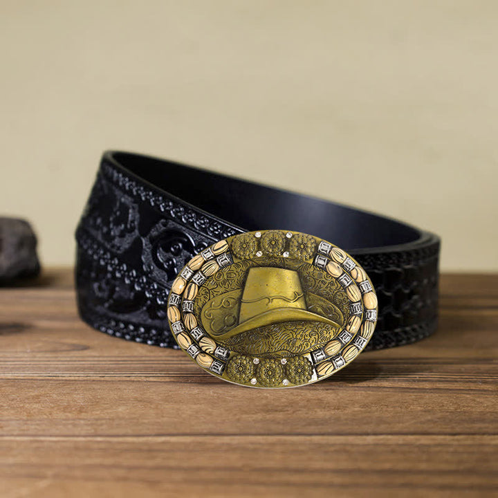 Cinturón de cuero con hebilla decorativa de cuentas de sombrero de vaquero dorado para hombre