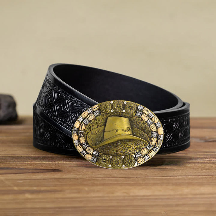 Cinturón de cuero con hebilla decorativa de cuentas de sombrero de vaquero dorado para hombre