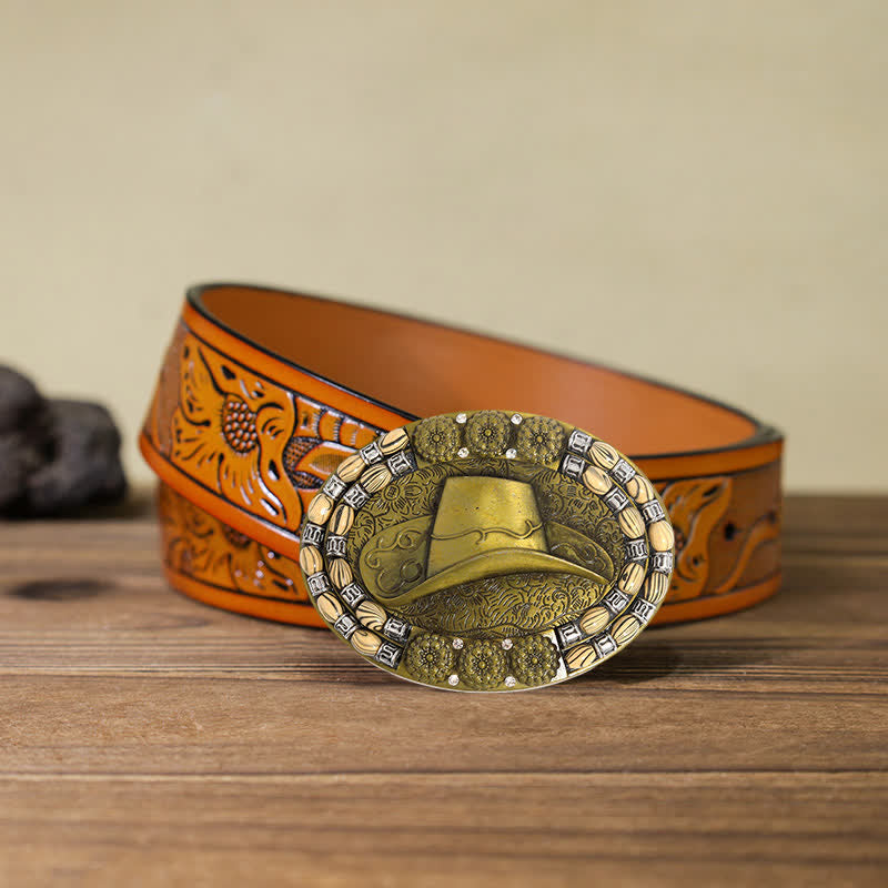 Cinturón de cuero con hebilla decorativa de cuentas de sombrero de vaquero dorado para hombre