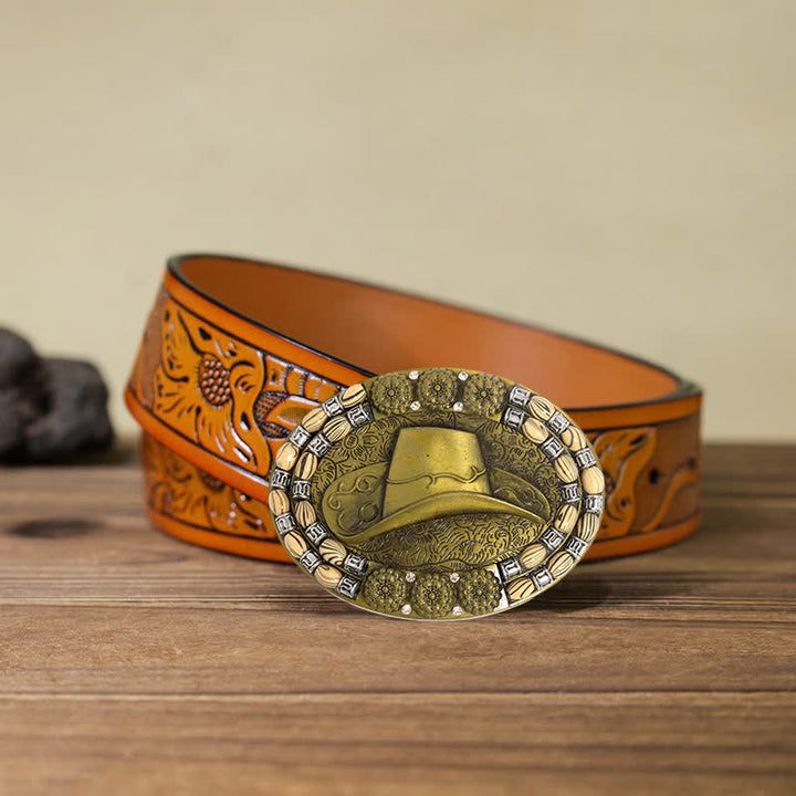 Cinturón de cuero con hebilla decorativa de cuentas de sombrero de vaquero dorado para hombre
