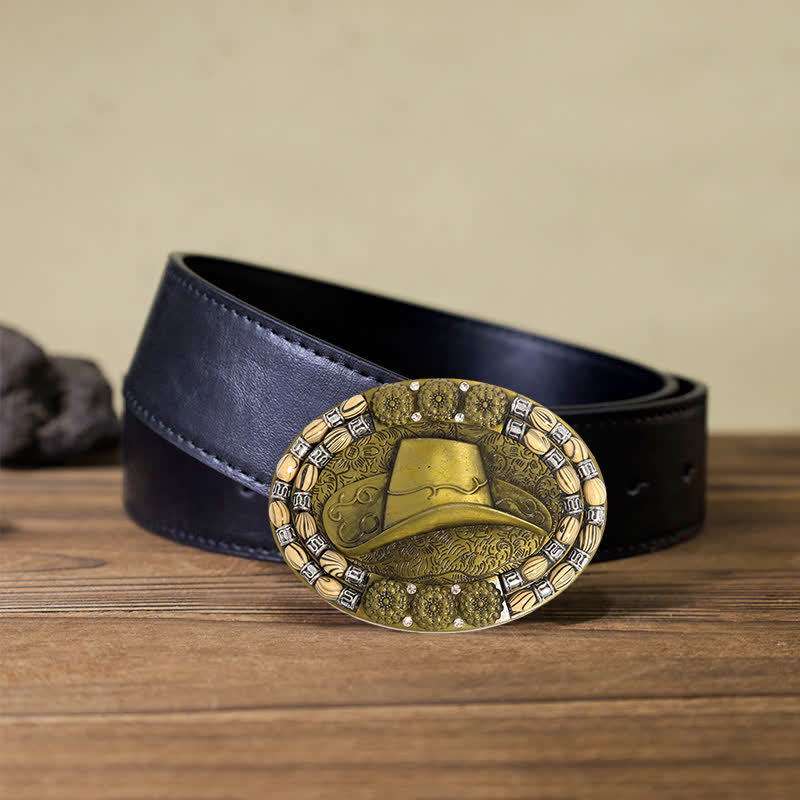 Cinturón de cuero con hebilla decorativa de cuentas de sombrero de vaquero dorado para hombre