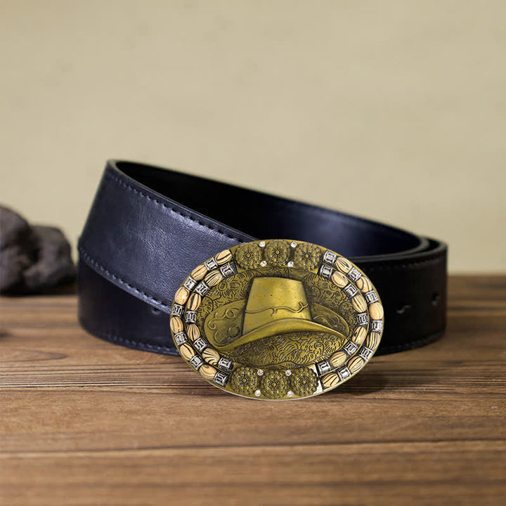 Cinturón de cuero con hebilla decorativa de cuentas de sombrero de vaquero dorado para hombre