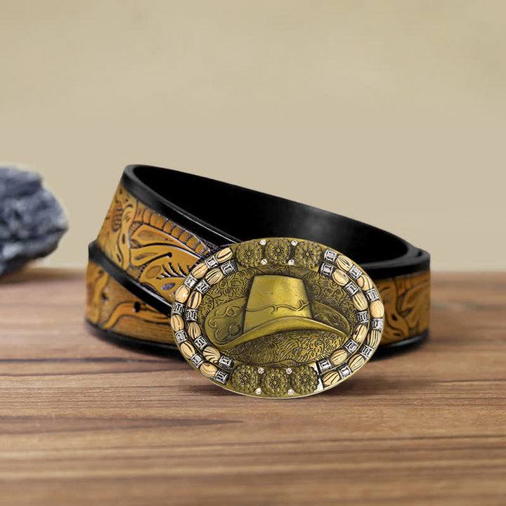 Cinturón de cuero con hebilla decorativa de cuentas de sombrero de vaquero dorado para hombre