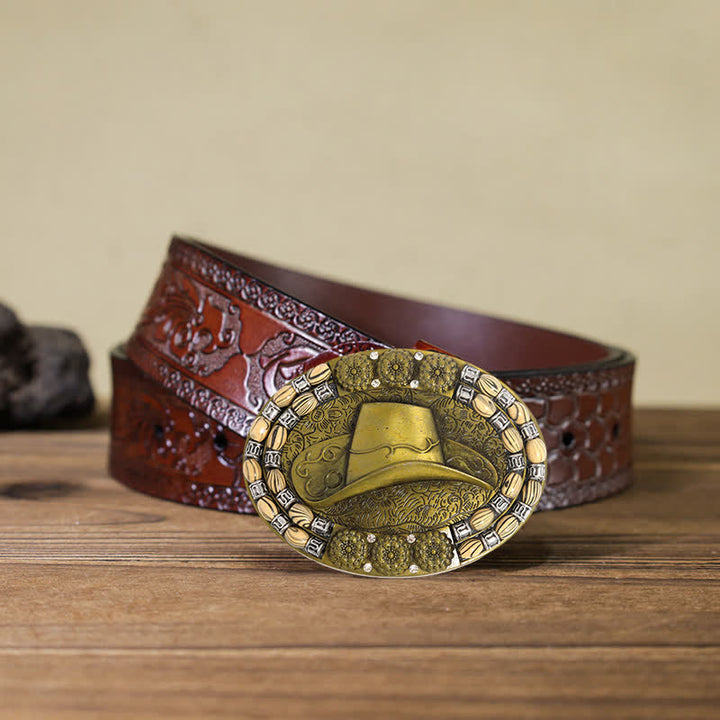 Cinturón de cuero con hebilla decorativa de cuentas de sombrero de vaquero dorado para hombre