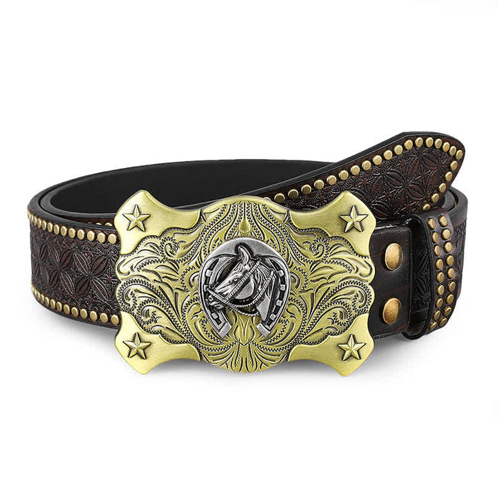 Cinturón de cuero con tachuelas y remaches con relieve de caballo occidental para hombre
