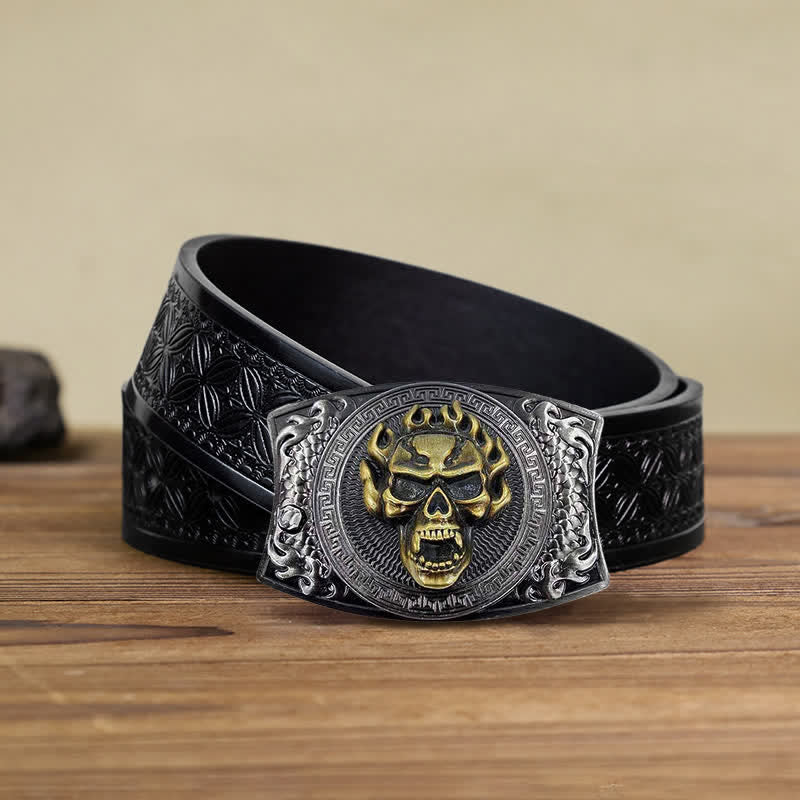 Cinturón de cuero con cuchillo plegable oculto con calavera en llamas para hombre
