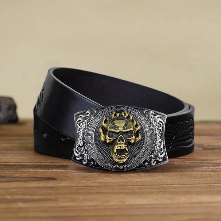 Cinturón de cuero con cuchillo plegable oculto con calavera en llamas para hombre
