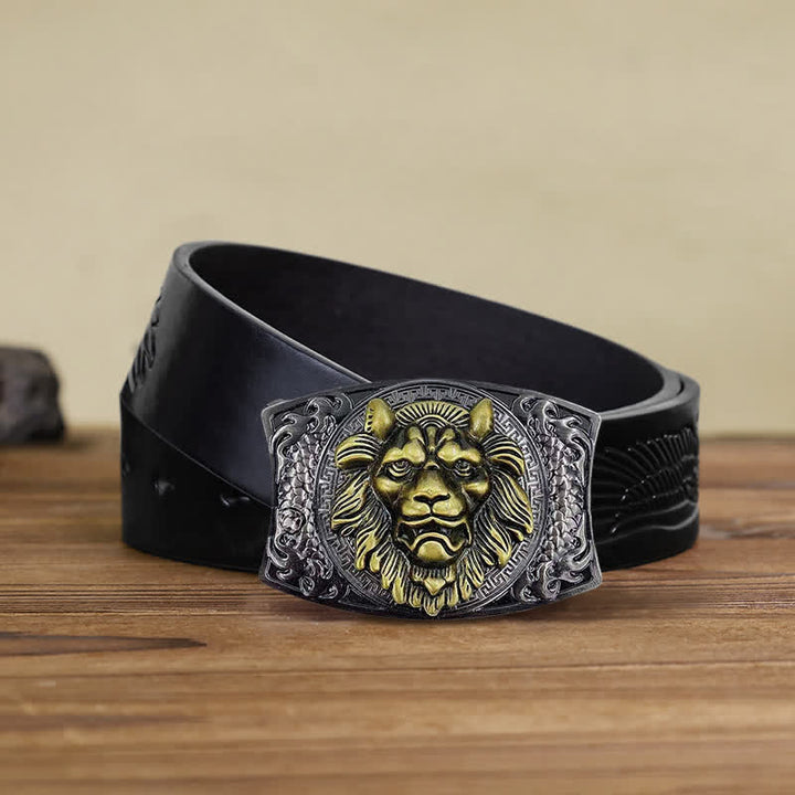 Cinturón de cuero con cuchillo plegable oculto de león dorado para hombre