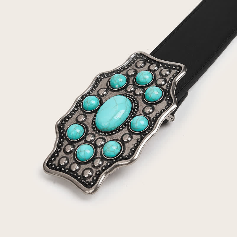 Cinturón de piel con hebilla irregular color turquesa y estilo bohemio para mujer
