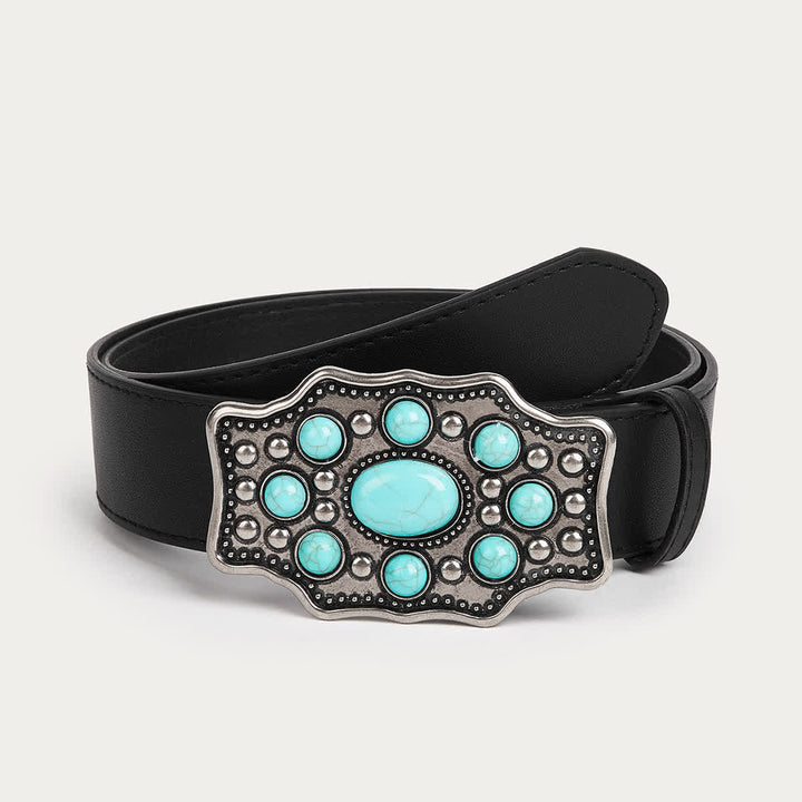 Cinturón de piel con hebilla irregular color turquesa y estilo bohemio para mujer