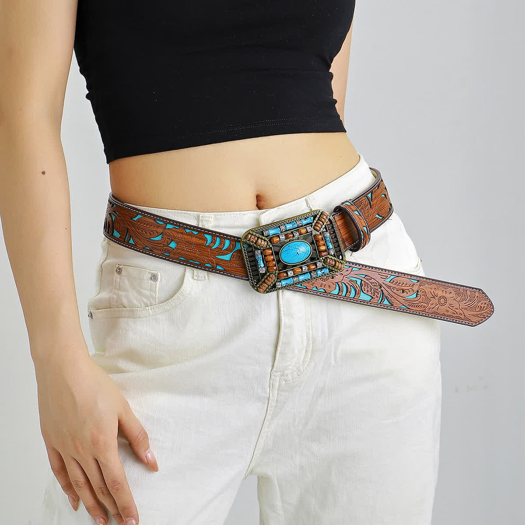 Cinturón de cuero grabado con hebilla de cuentas de madera turquesa para mujer