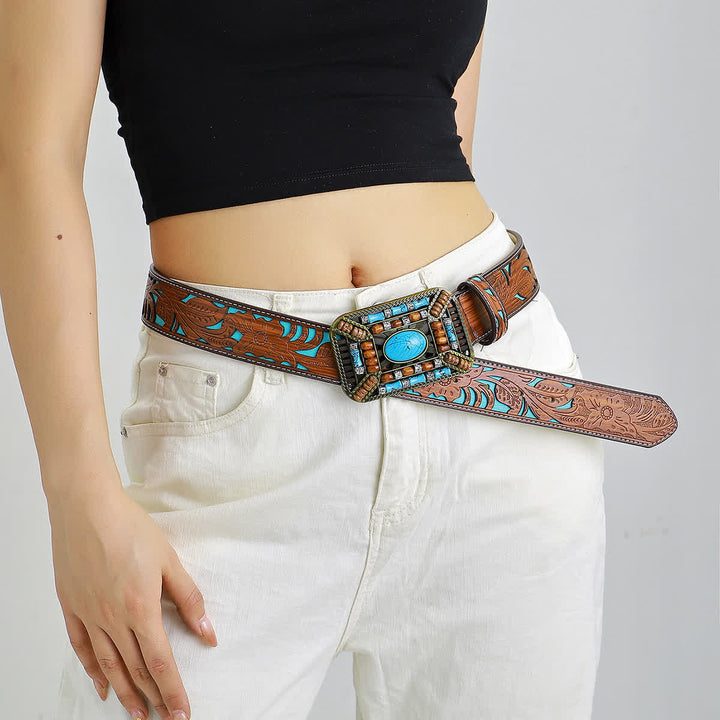 Cinturón de cuero grabado con hebilla de cuentas de madera turquesa para mujer