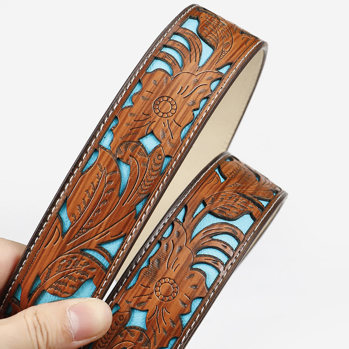 Cinturón de cuero grabado con hebilla de cuentas de madera turquesa para mujer