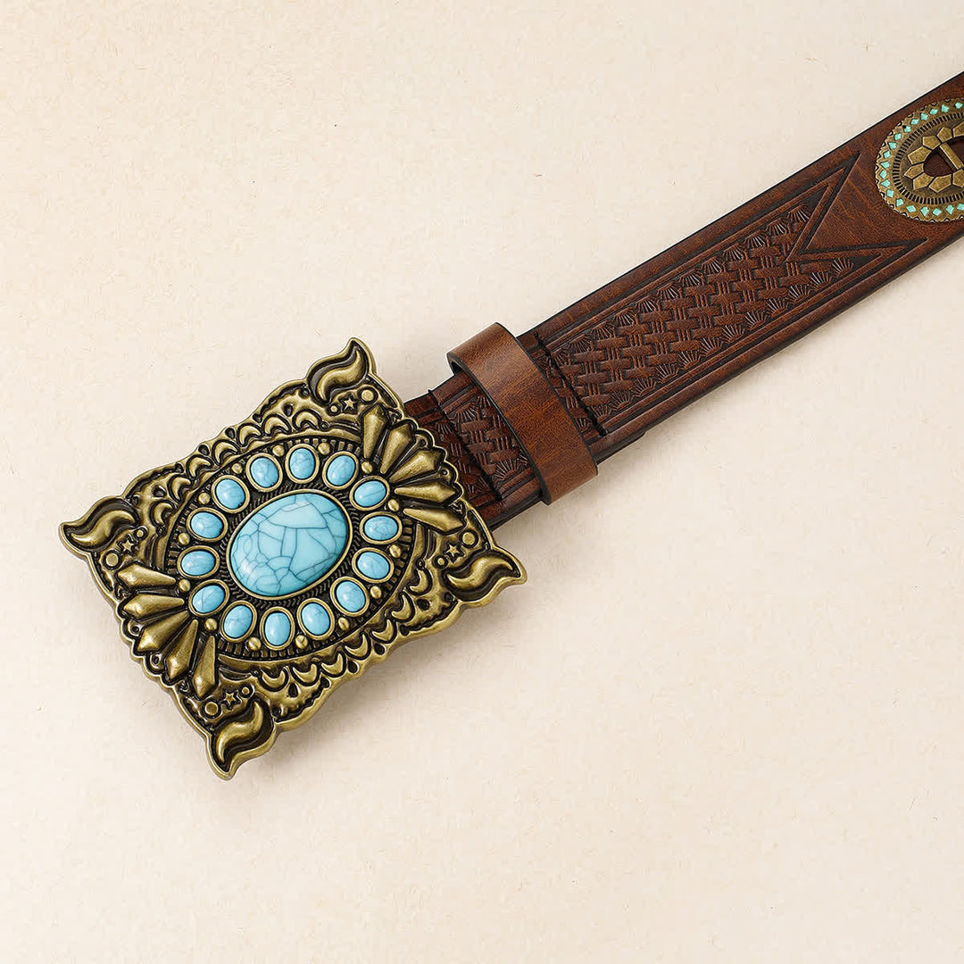 Cinturón de cuero con hebilla cuadrada turquesa estilo retro occidental para mujer