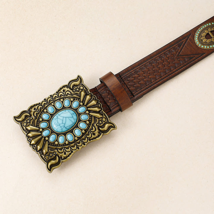 Cinturón de cuero con hebilla cuadrada turquesa estilo retro occidental para mujer