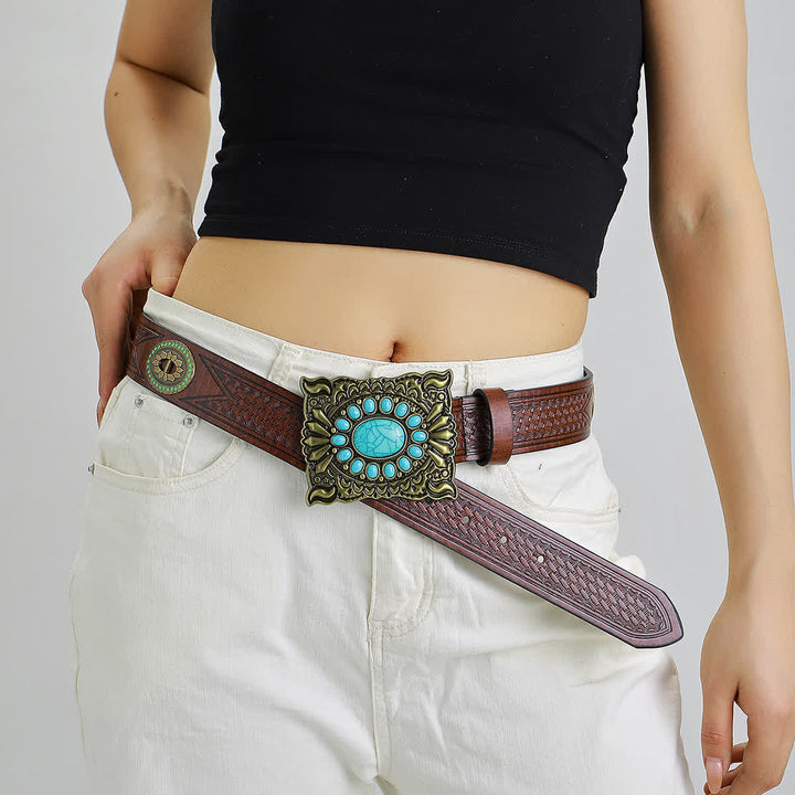Cinturón de cuero con hebilla cuadrada turquesa estilo retro occidental para mujer