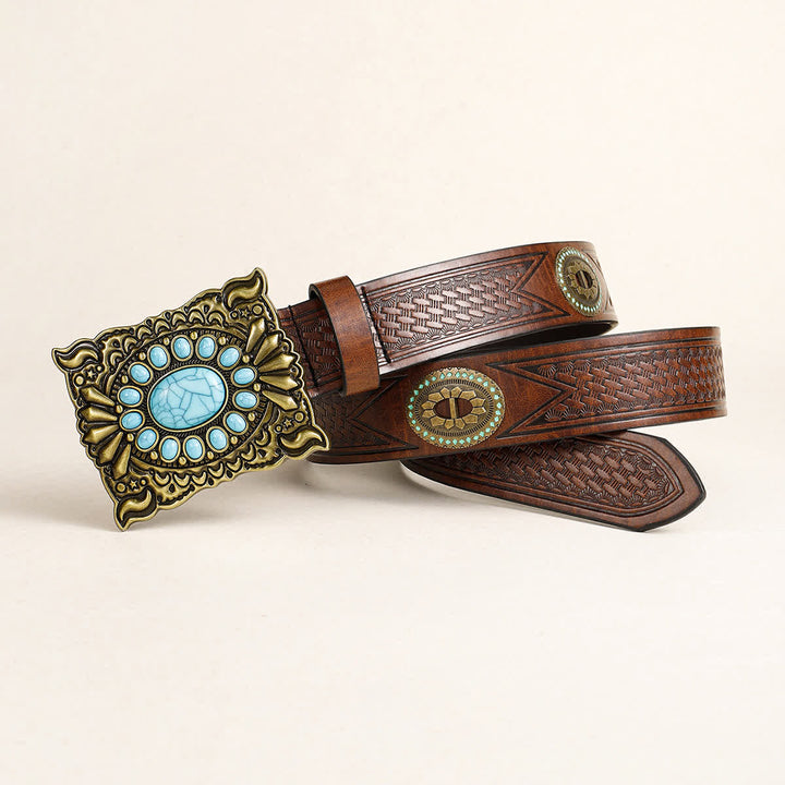 Cinturón de cuero con hebilla cuadrada turquesa estilo retro occidental para mujer